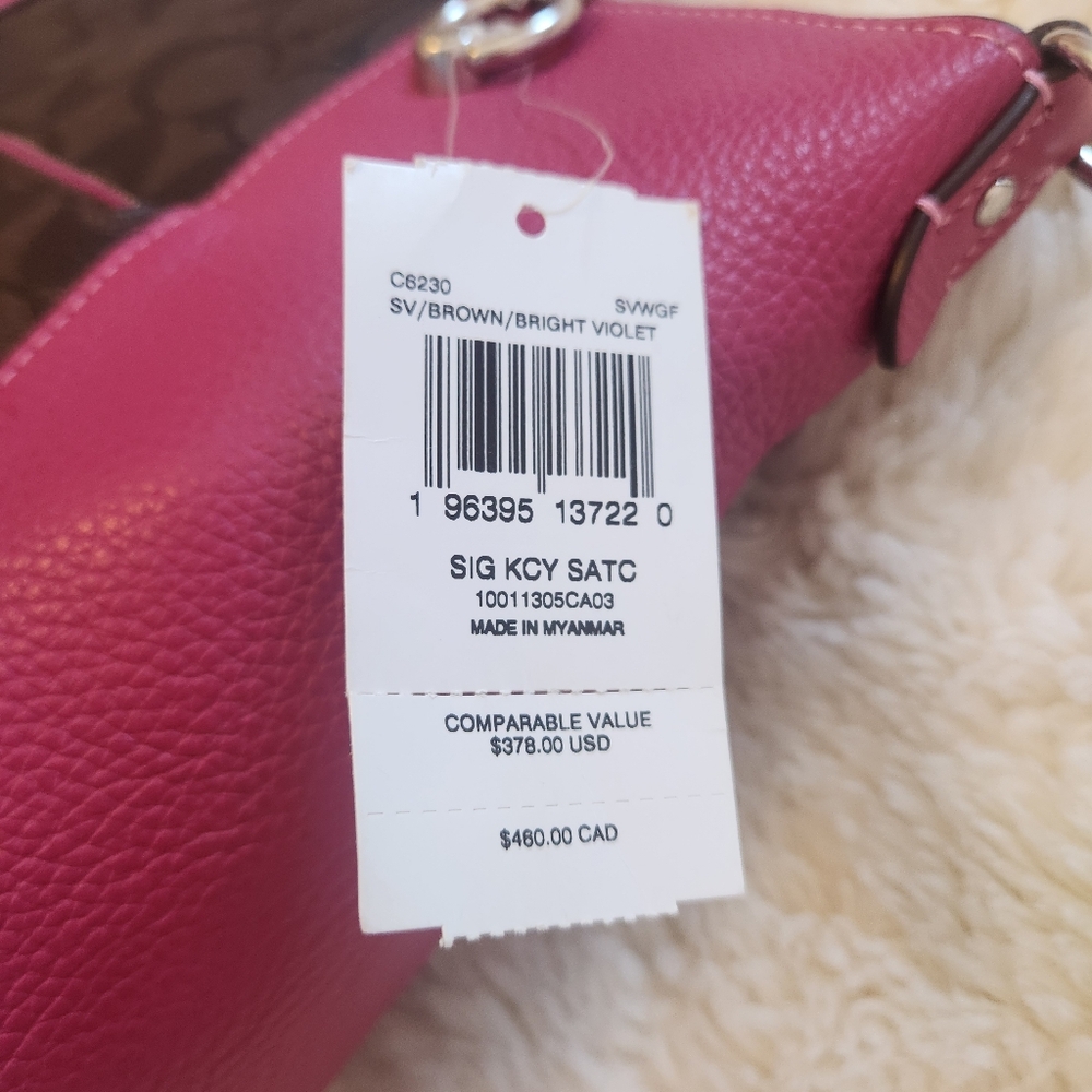 NWT Coach Kacey Satchel Signature Canvas Colorblock Brown Bright Violet - Picture 15 of 16